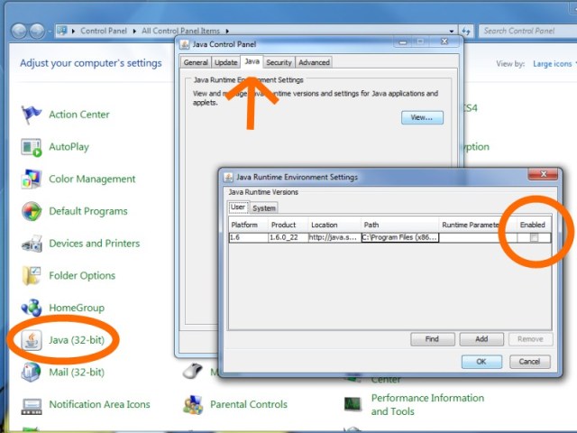 Screenshot for Disabling Java